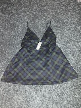 Urban Outfitters Plaid Backless Mini Dress in Navy and Green